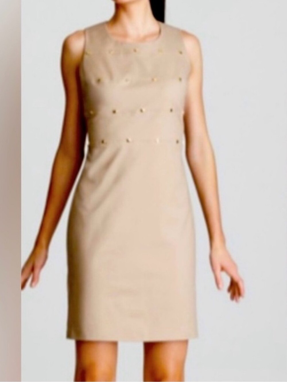 CALVIN KLEIN Tan Sheath Dress Gold Stud Detail Size 6